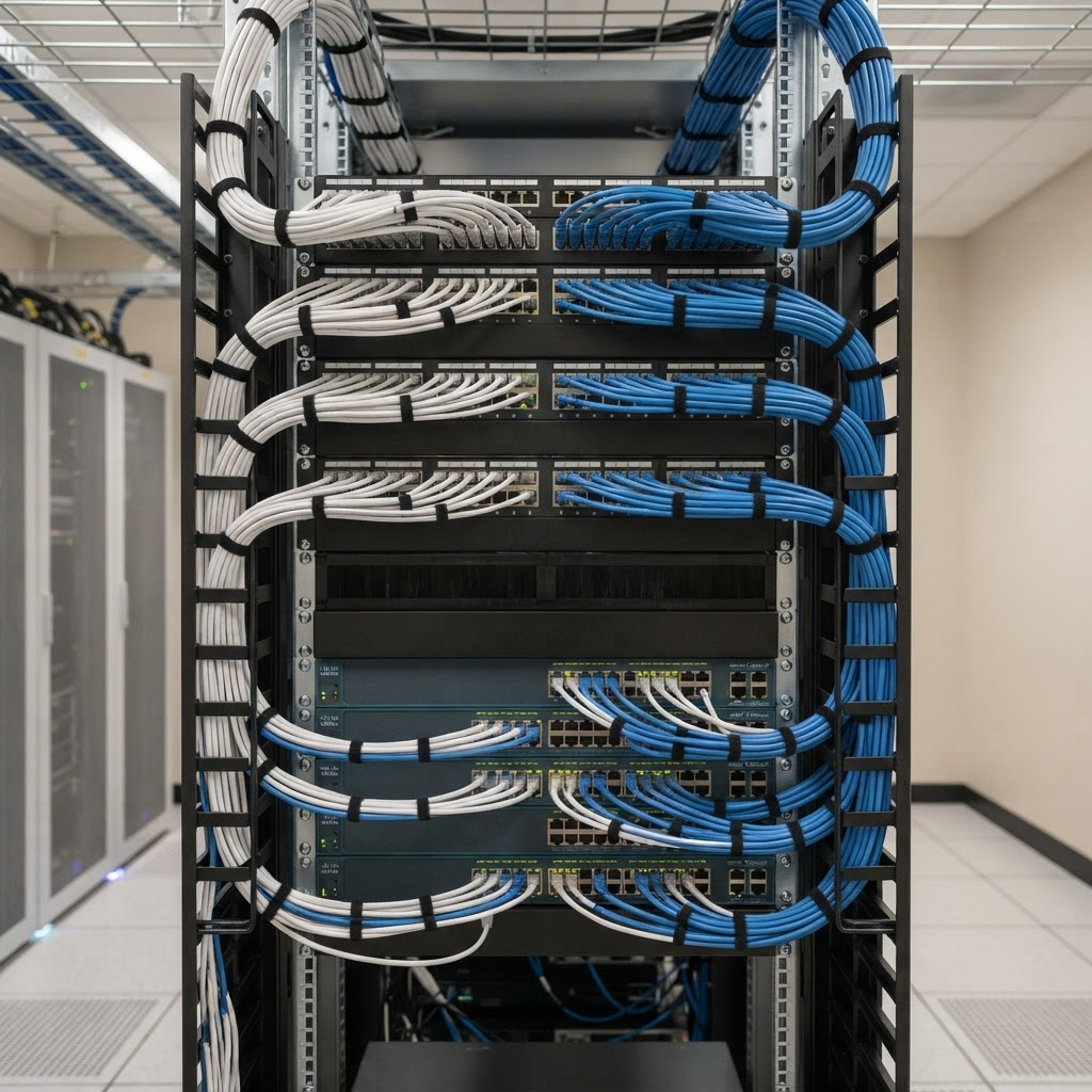 Patch panel de cabeamento estruturado organizado em rack corporativo
