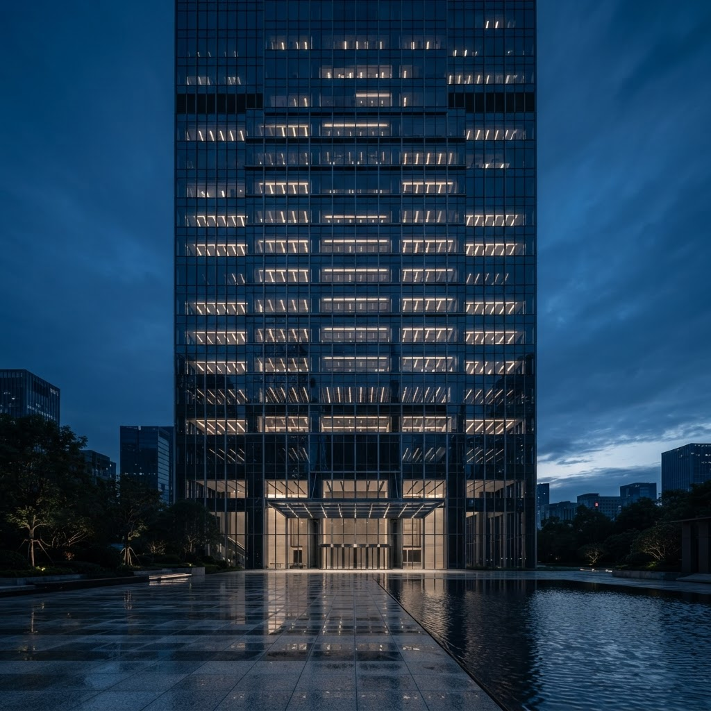 Edifício corporativo moderno ao anoitecer